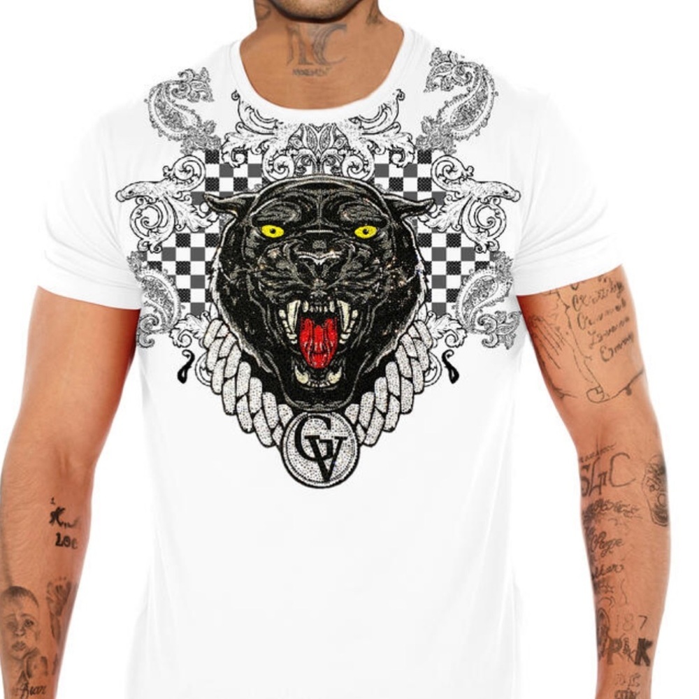 Men’s Designer White George V T-shirt from Paris with rhinestones